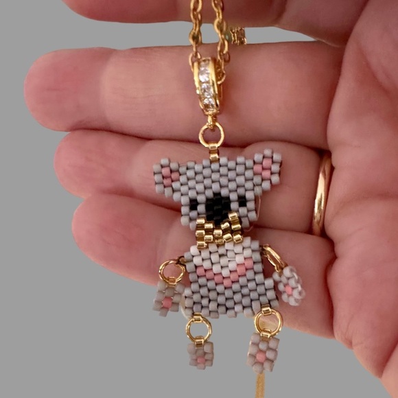 Dainty brick stitch, beaded koala bear pendant on gold chain with moving limbs - Picture 8 of 8